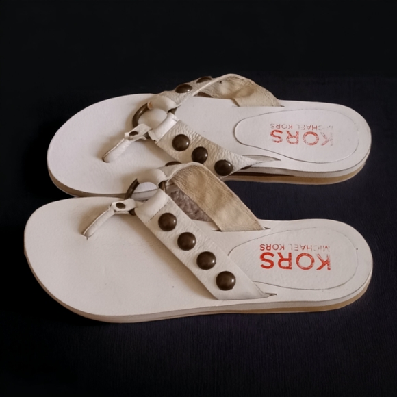 White Leather Michael Kors Flip Flops - Picture 3 of 5